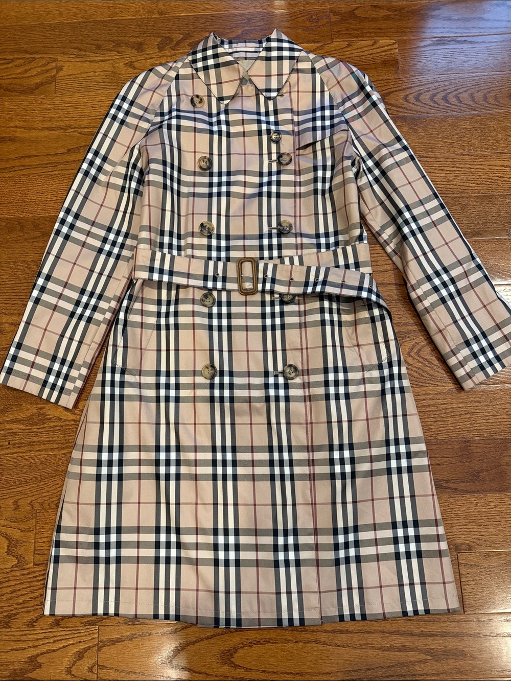 Burberry Beige Plaid Double-Breasted Trench Coat
